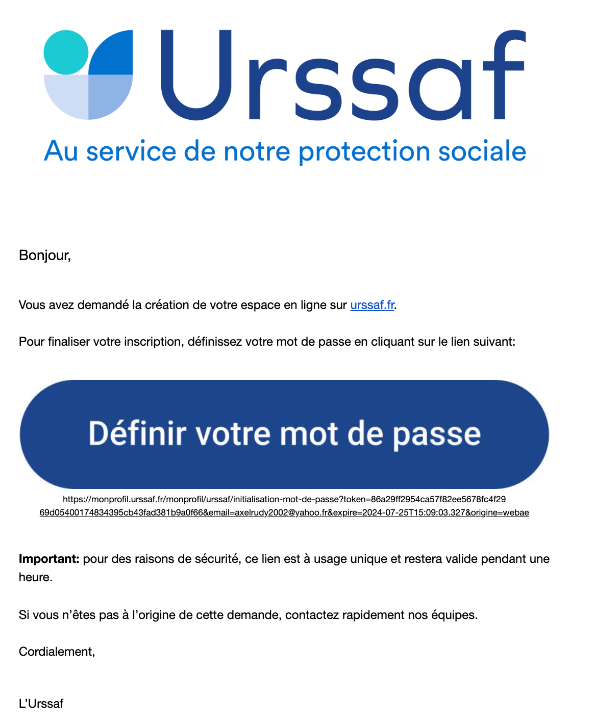 E-mail création de mot de passe URSSAF