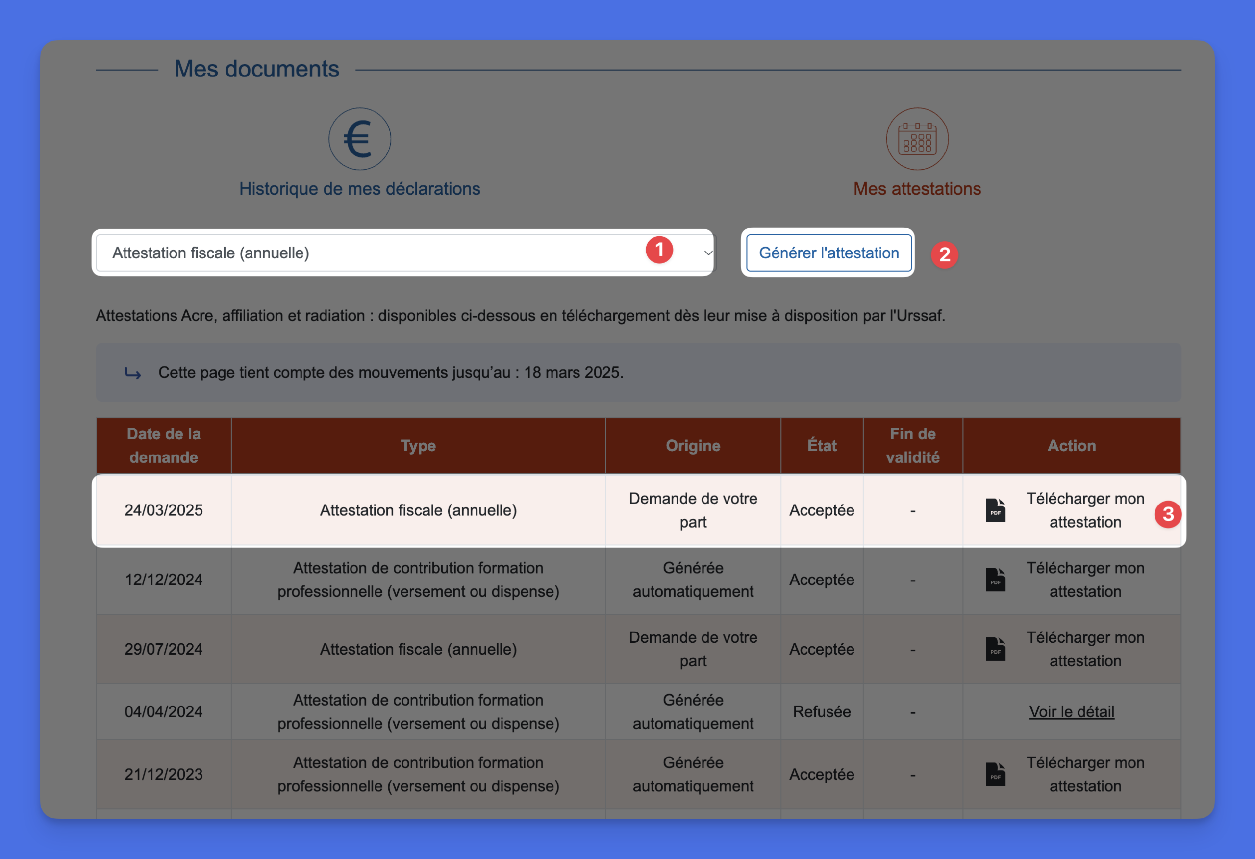 Générer et télécharger attestation fiscale URSSAF