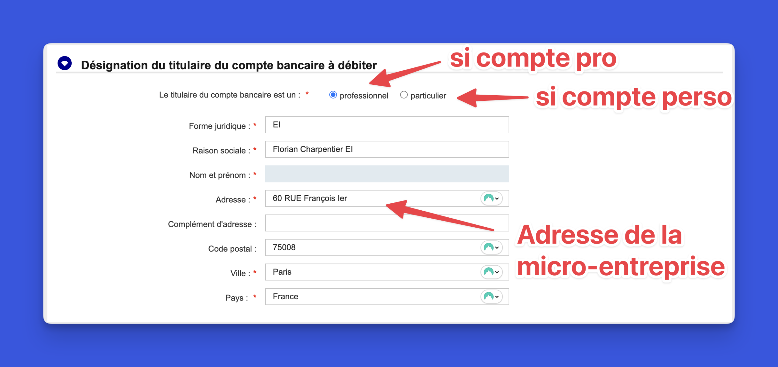 tuto création espace pro impots désignation titulaire compte