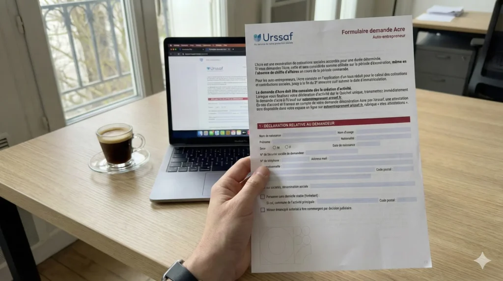 Personne tenant le formulaire de demande d'ACRE devant un ordinateur portable affichant le site de l'URSSAF