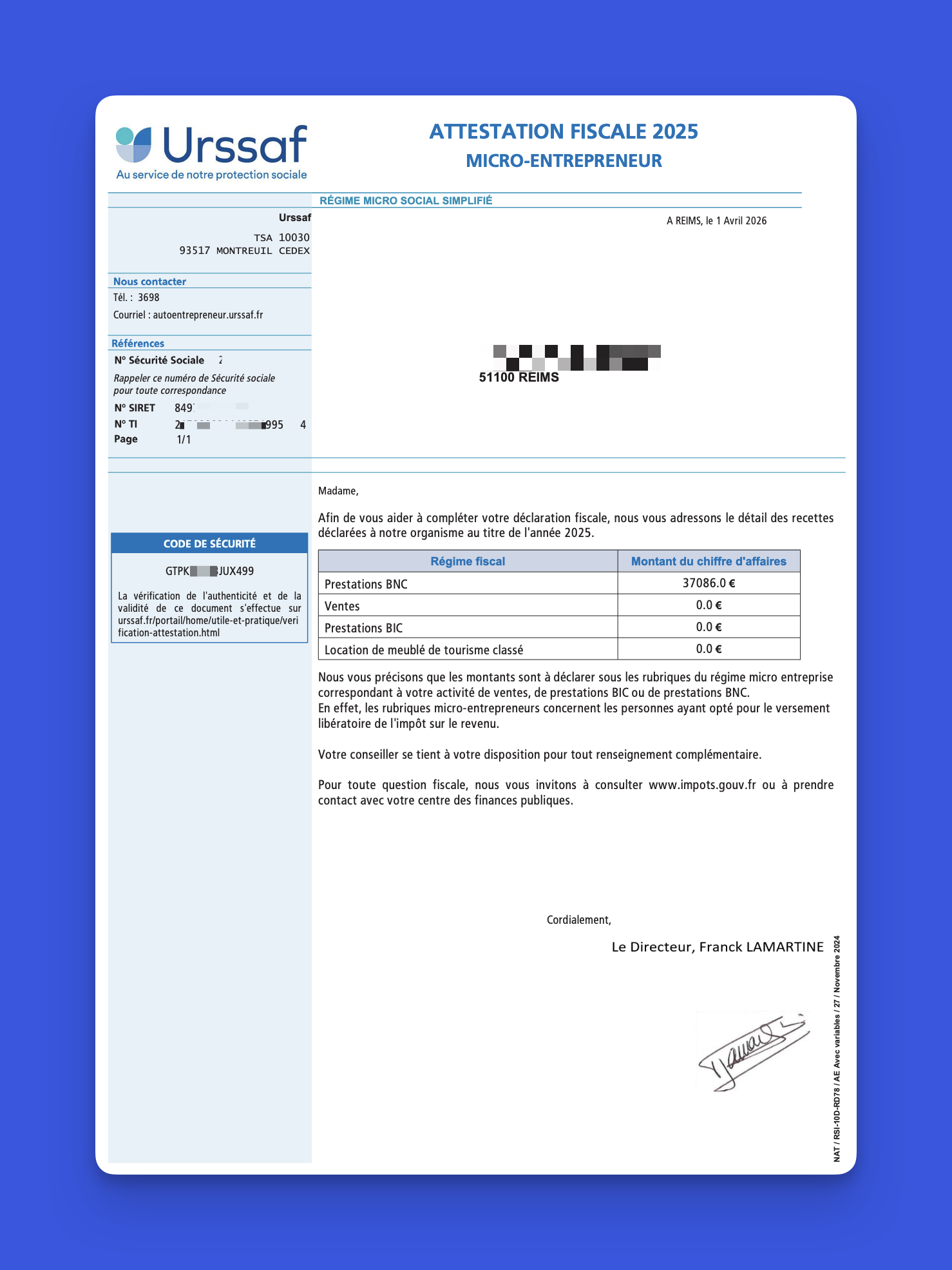 Attestation fiscale 2025 URSSAF d'un micro-entrepreneur avec le détail du chiffre d'affaires par catégorie et le code de sécurité
