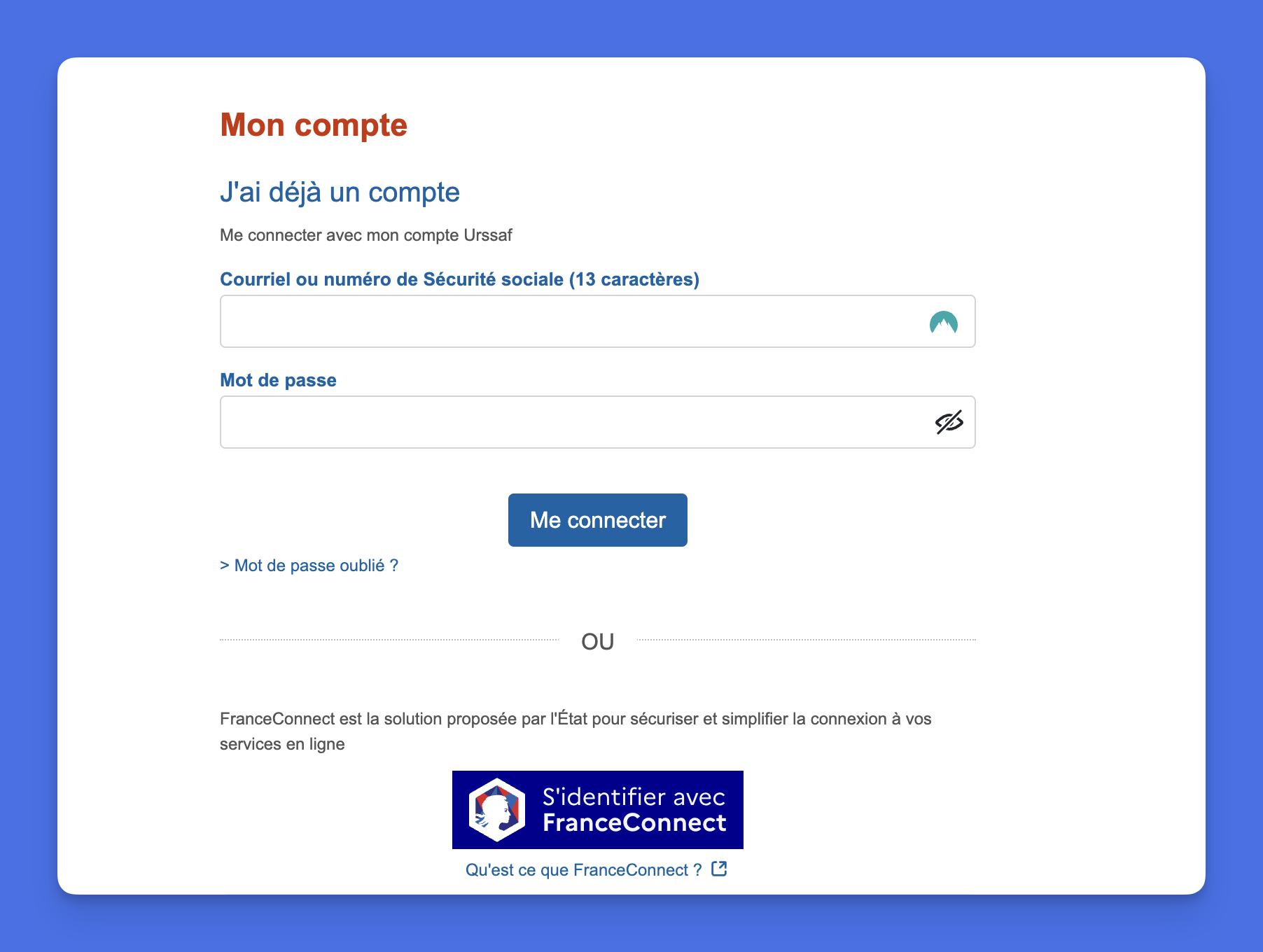 Page de connexion au compte URSSAF autoentrepreneur avec champs courriel ou numéro de Sécurité sociale et mot de passe