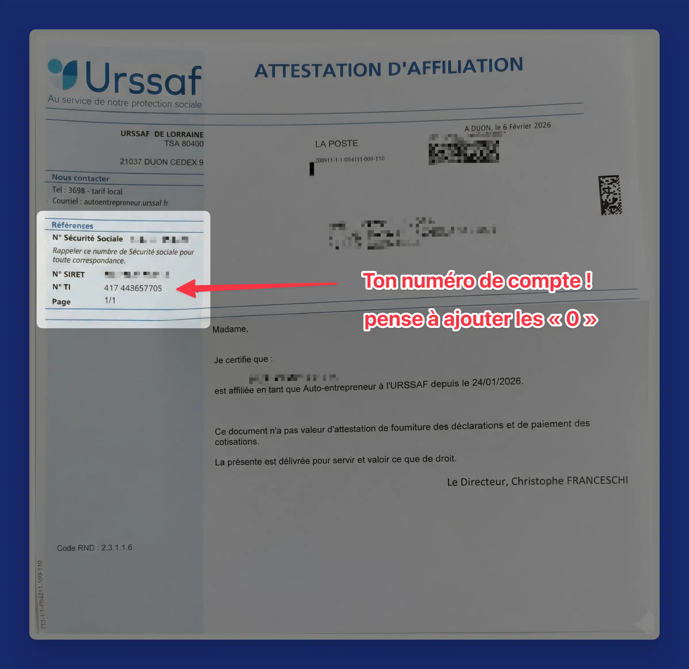 ourrier d'affiliation URSSAF indiquant le numéro de Travailleur Indépendant (N° TI) nécessaire pour créer son compte autoentrepreneur.urssaf.fr