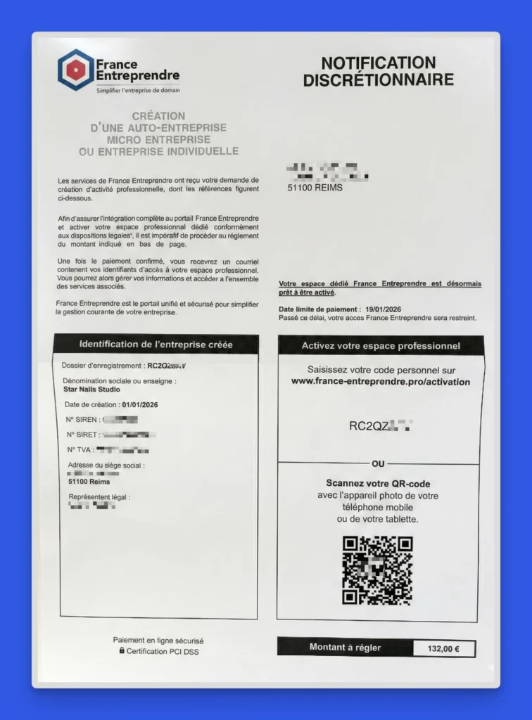France Entreprendre : notification discrétionnaire, faut-il payer ? Photo du courrier « Notification discrétionnaire » de France Entreprendre réclamant 132 € pour activer un espace professionnel.