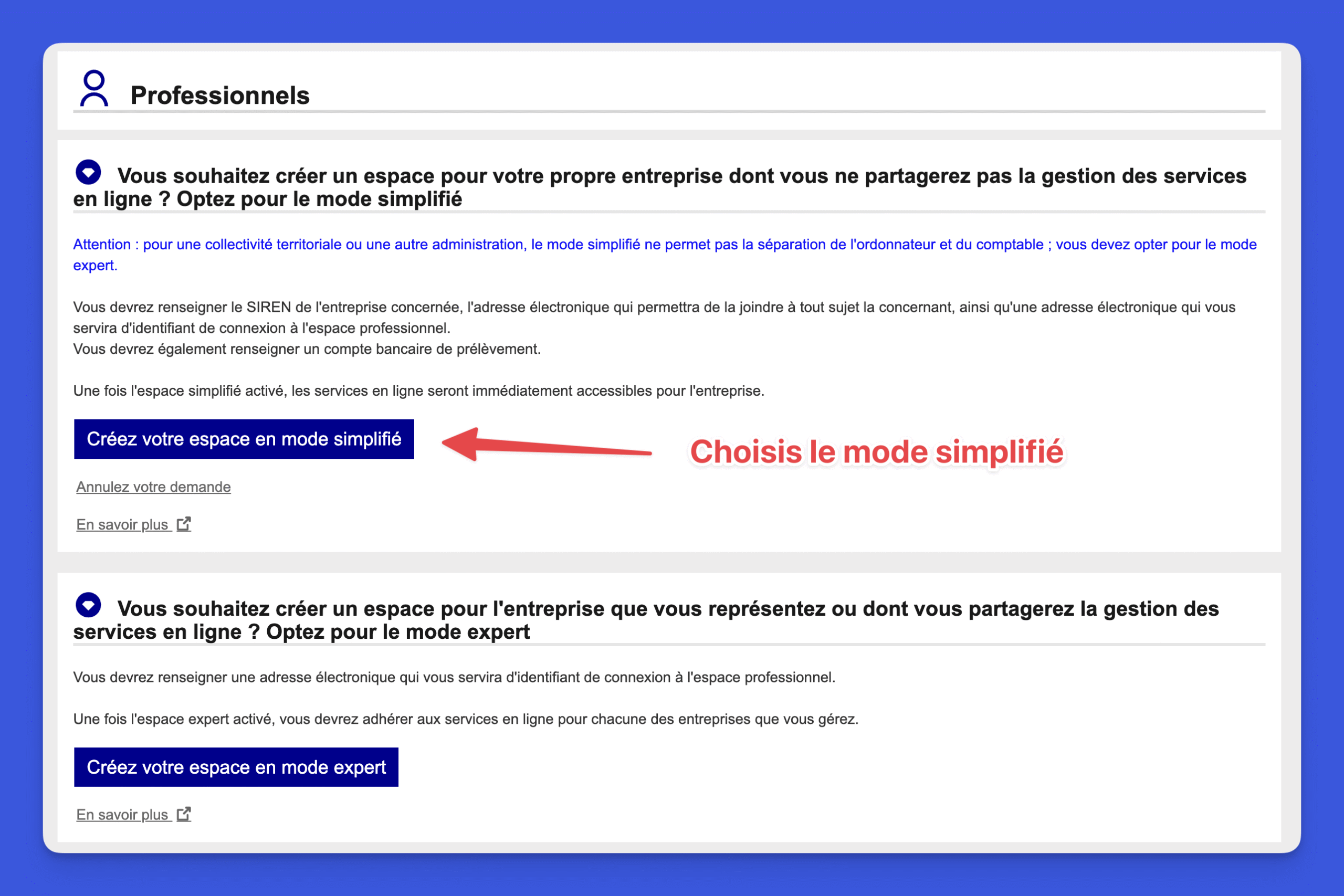 Interface de choix entre mode simplifié et mode expert pour la création de l'espace professionnel