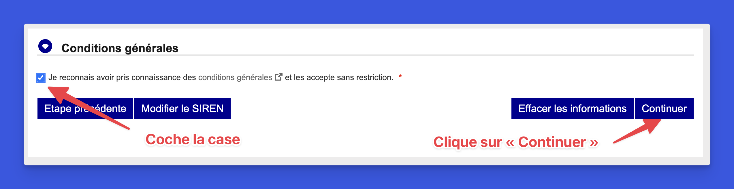 Case à cocher pour accepter les conditions générales avec bouton Continuer