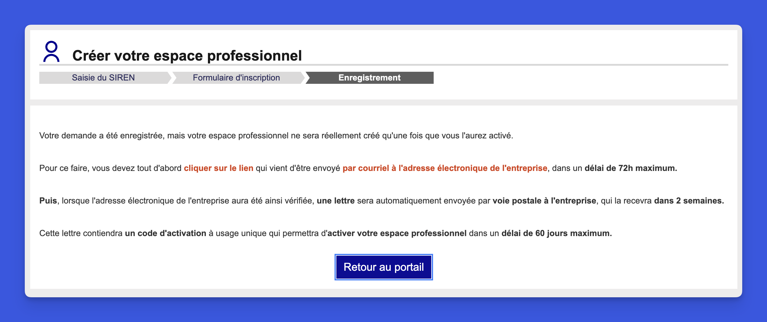 Page de confirmation d'enregistrement avec informations sur l'activation par courrier