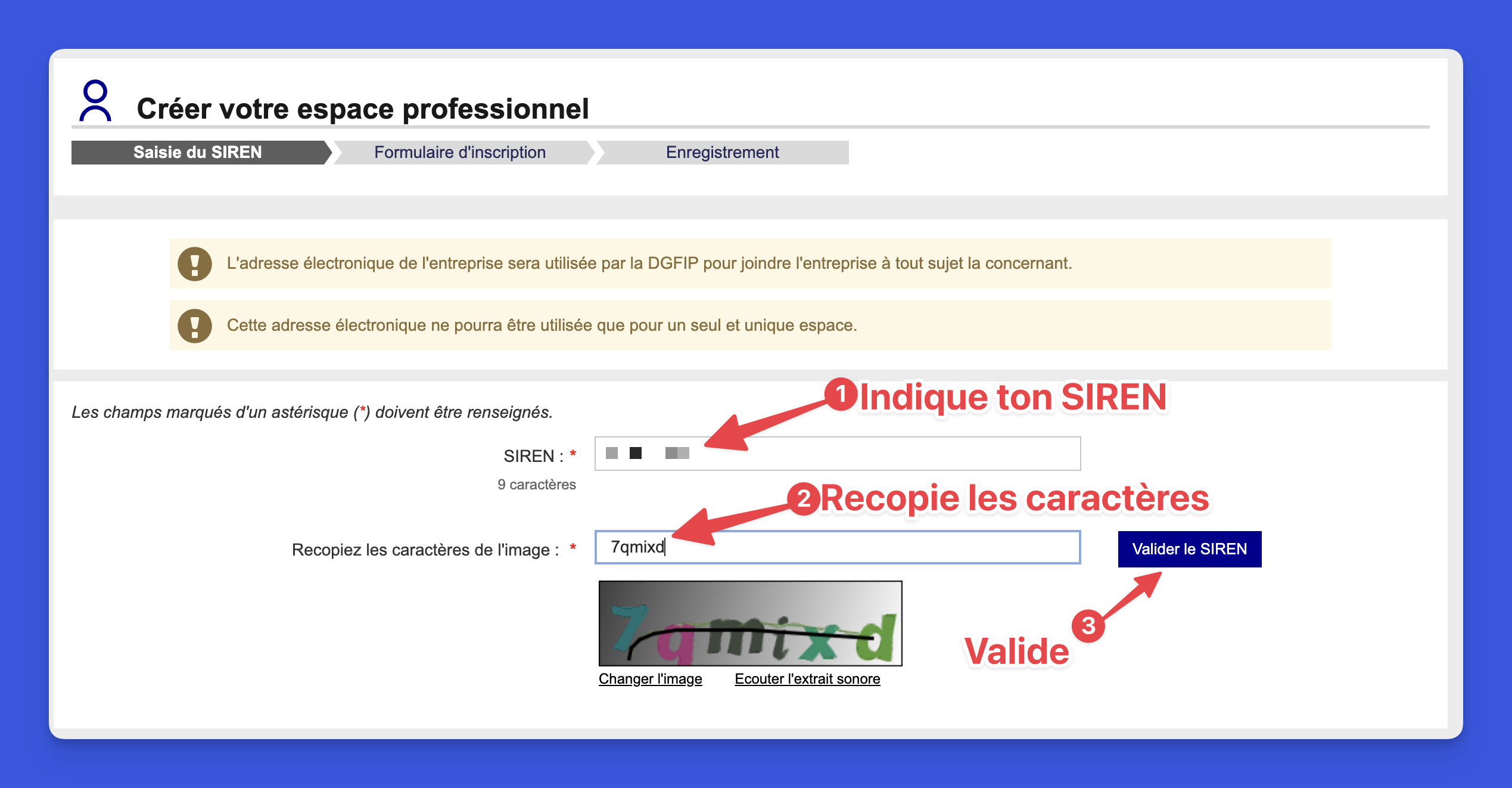 Formulaire de saisie du numéro SIREN avec captcha de vérification