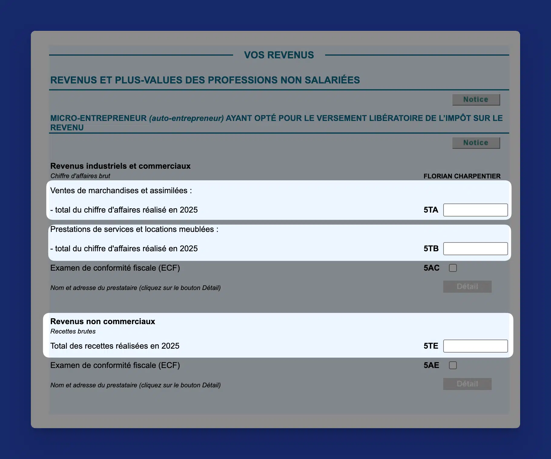 ormulaire 2042-C-PRO section versement libératoire du déclarant 1 avec les cases 5TA, 5TB et 5TE sur impots.gouv.fr