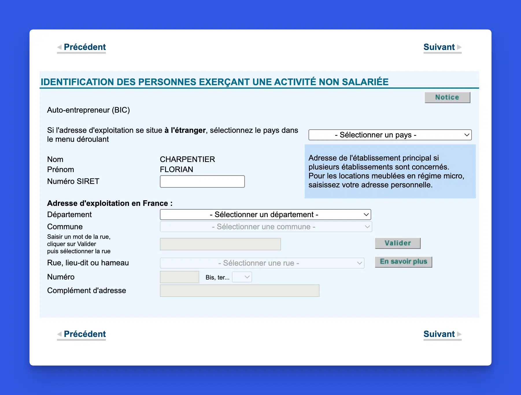 Page d'identification auto-entrepreneur BIC pour la section versement libératoire sur impots.gouv.fr