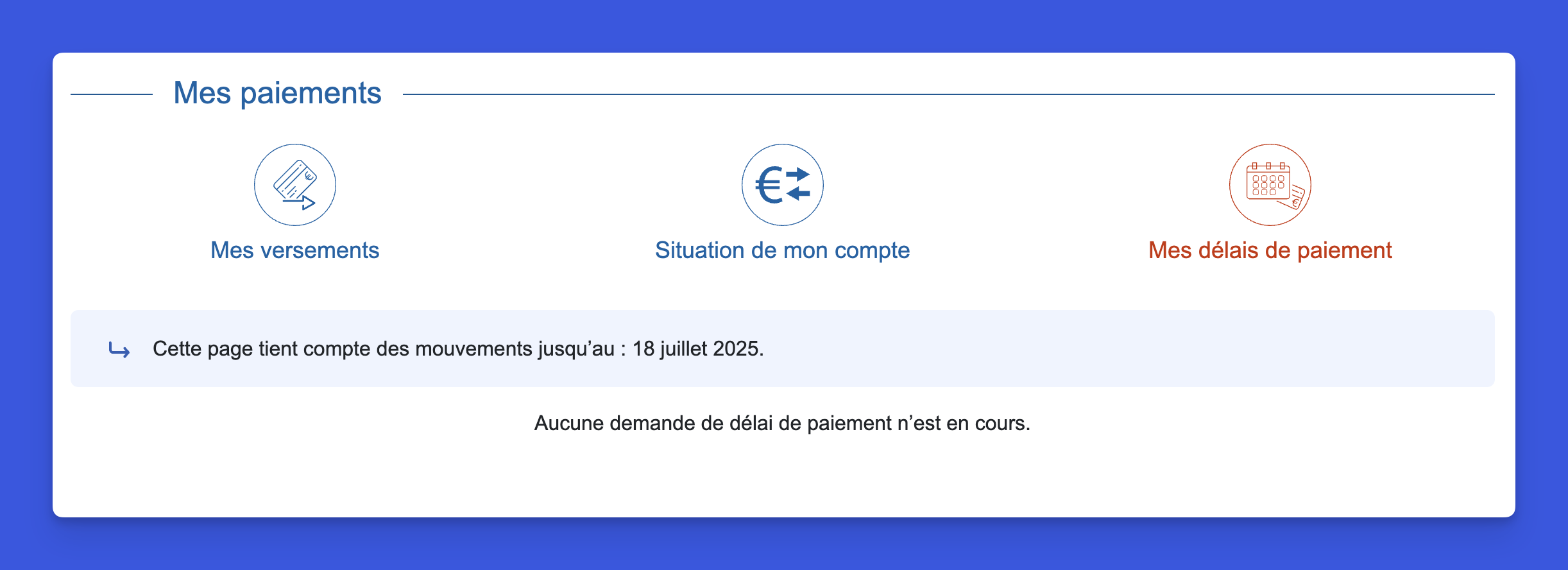 Page délais de paiement URSSAF indiquant aucune demande en cours