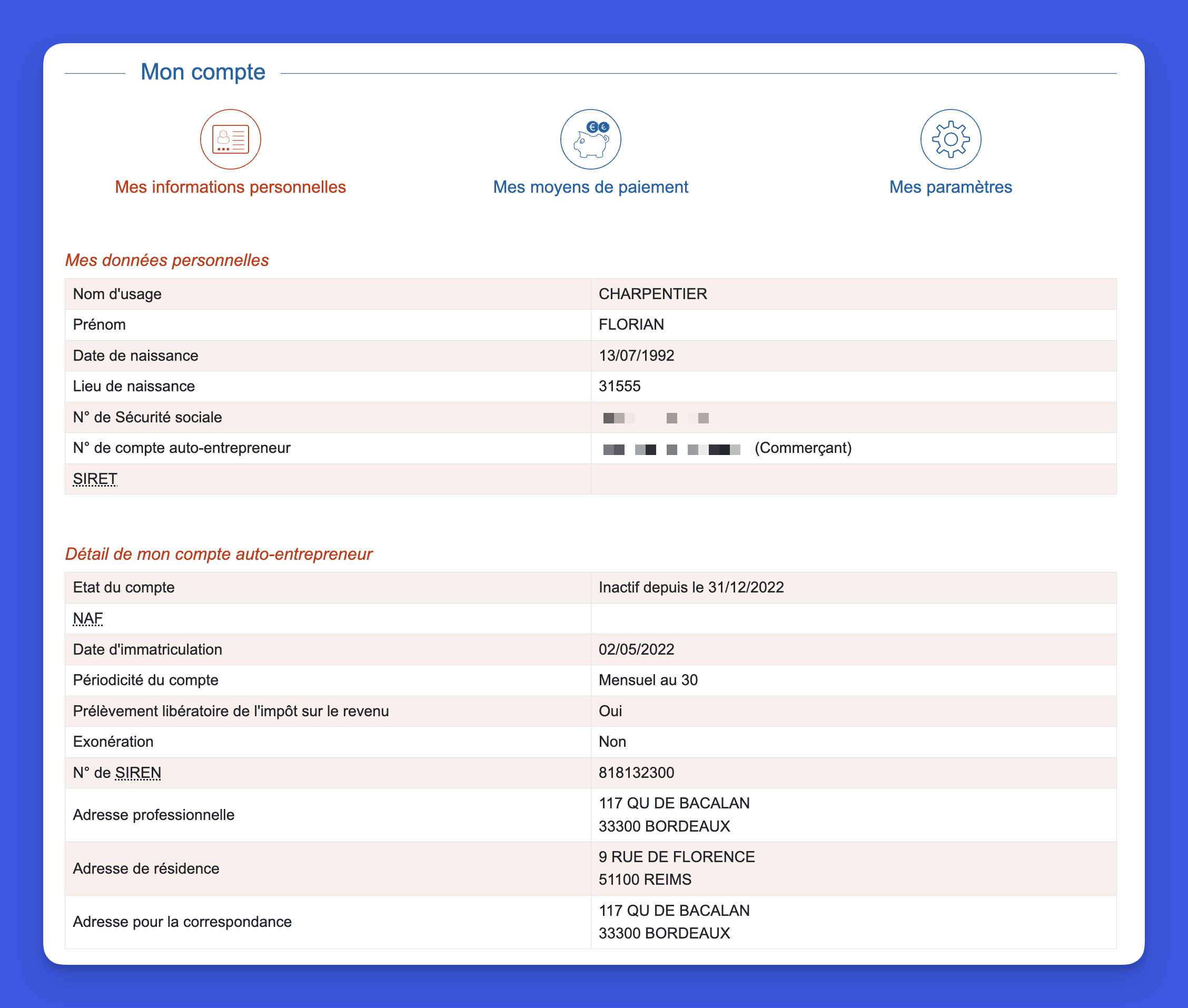 Page informations personnelles URSSAF avec données du compte auto-entrepreneur