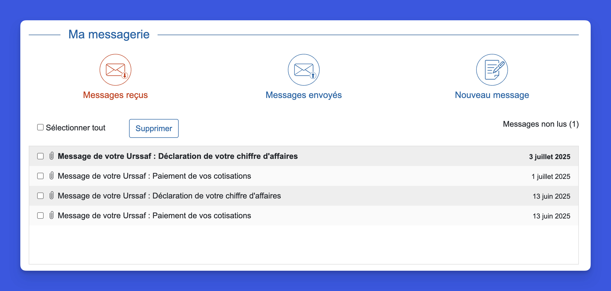Interface messagerie URSSAF avec liste des messages reçus