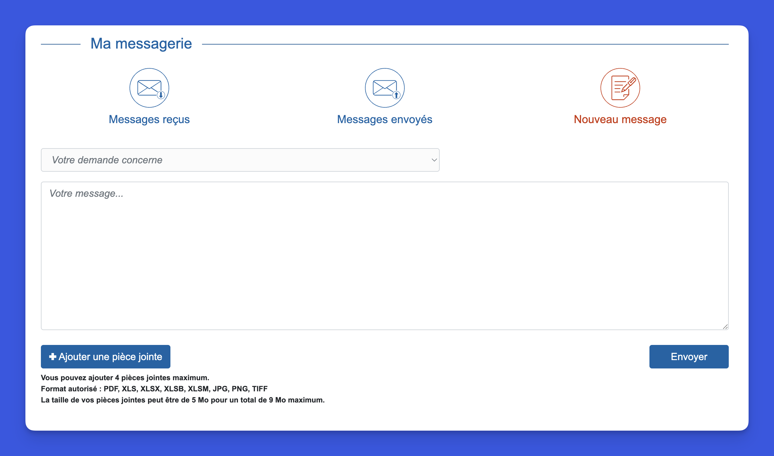 Formulaire de nouveau message URSSAF avec option pièces jointes