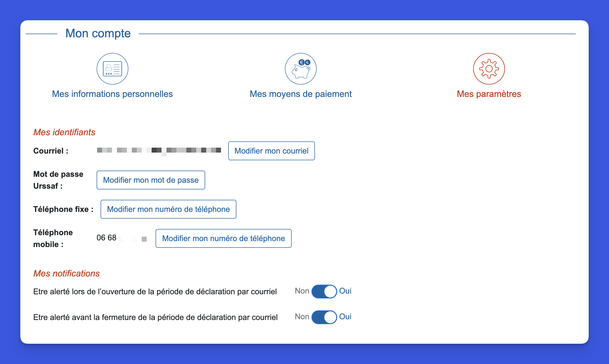Page paramètres URSSAF pour modifier identifiants et notifications