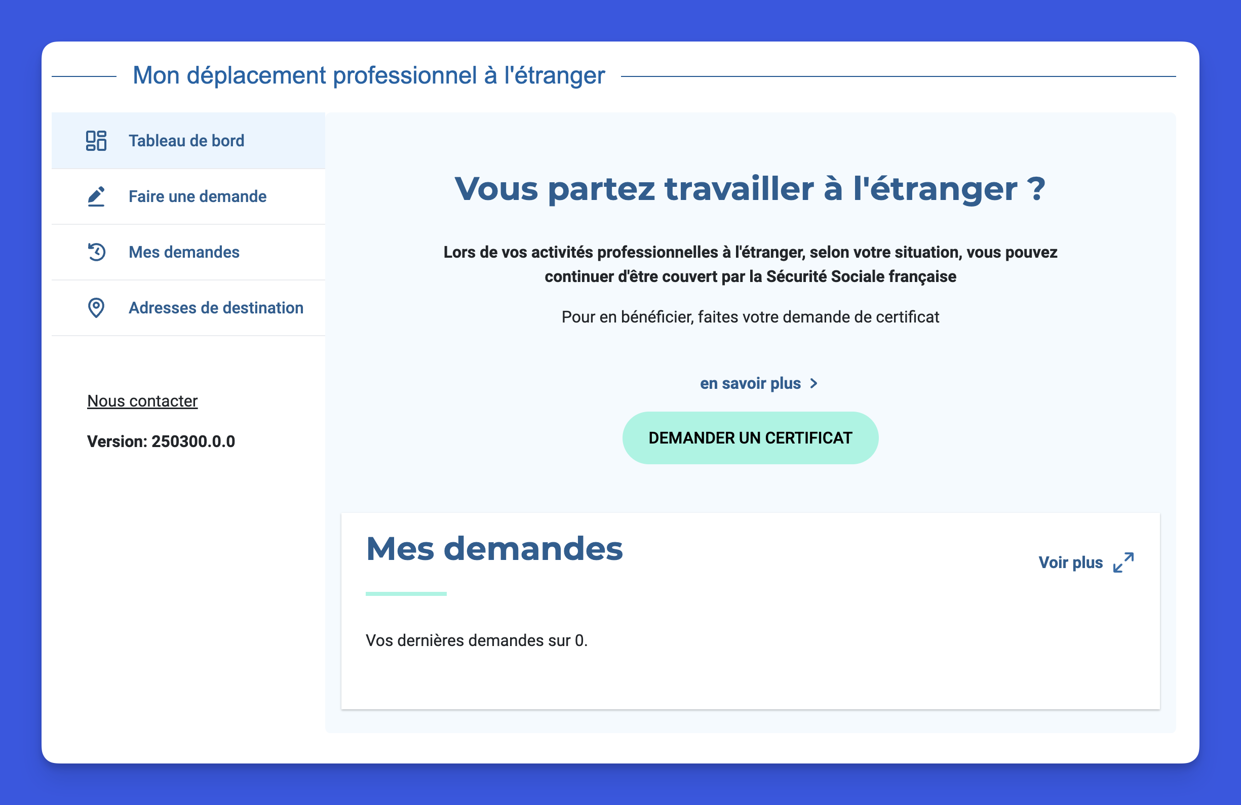 Interface URSSAF pour demander un certificat de déplacement professionnel à l'étranger