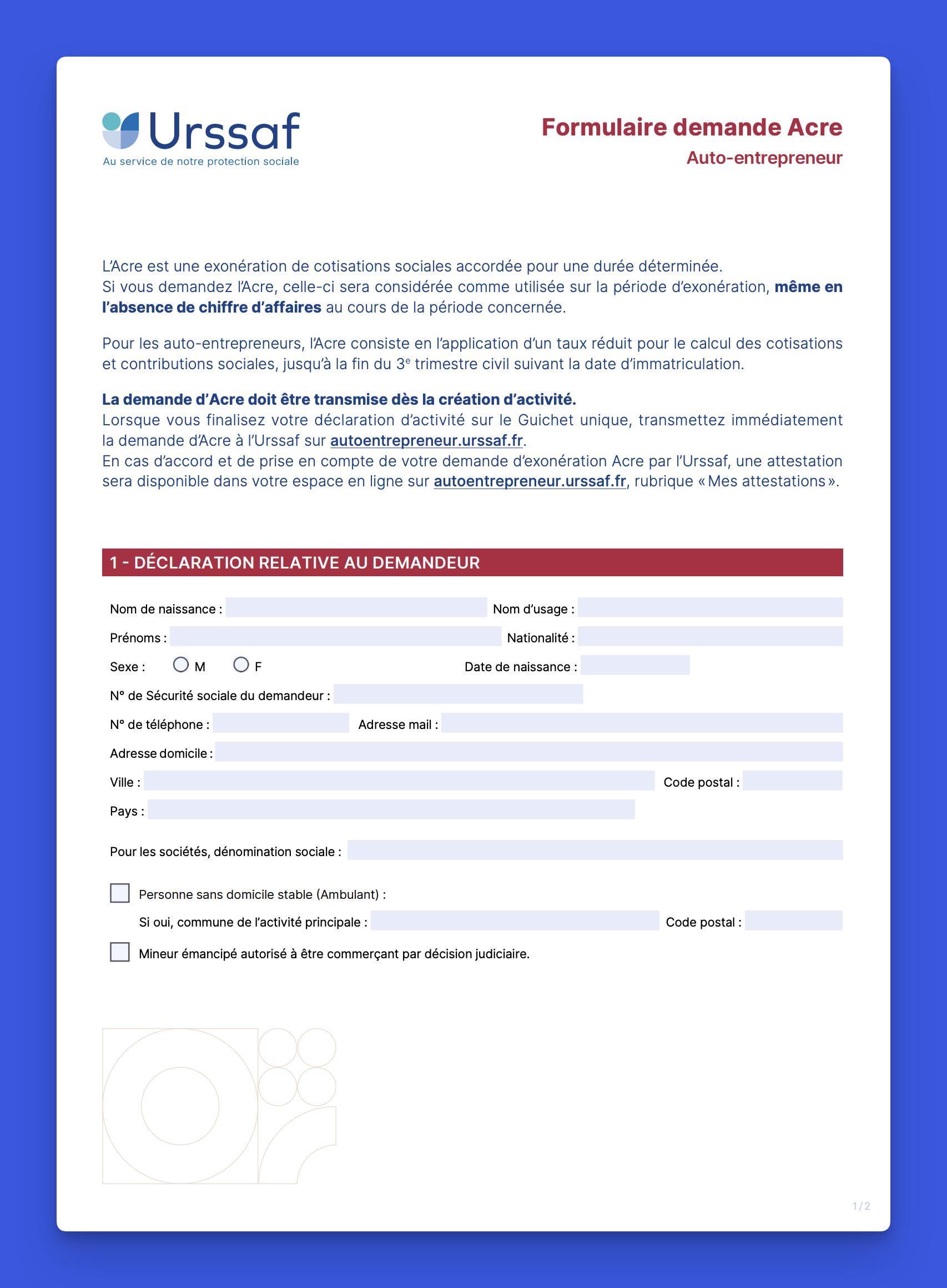 formulaire demande acre page 1 informations personnelles Première page du formulaire ACRE avec la section déclaration relative au demandeur montrant les champs nom, prénom, numéro de sécurité sociale et adresse à remplir