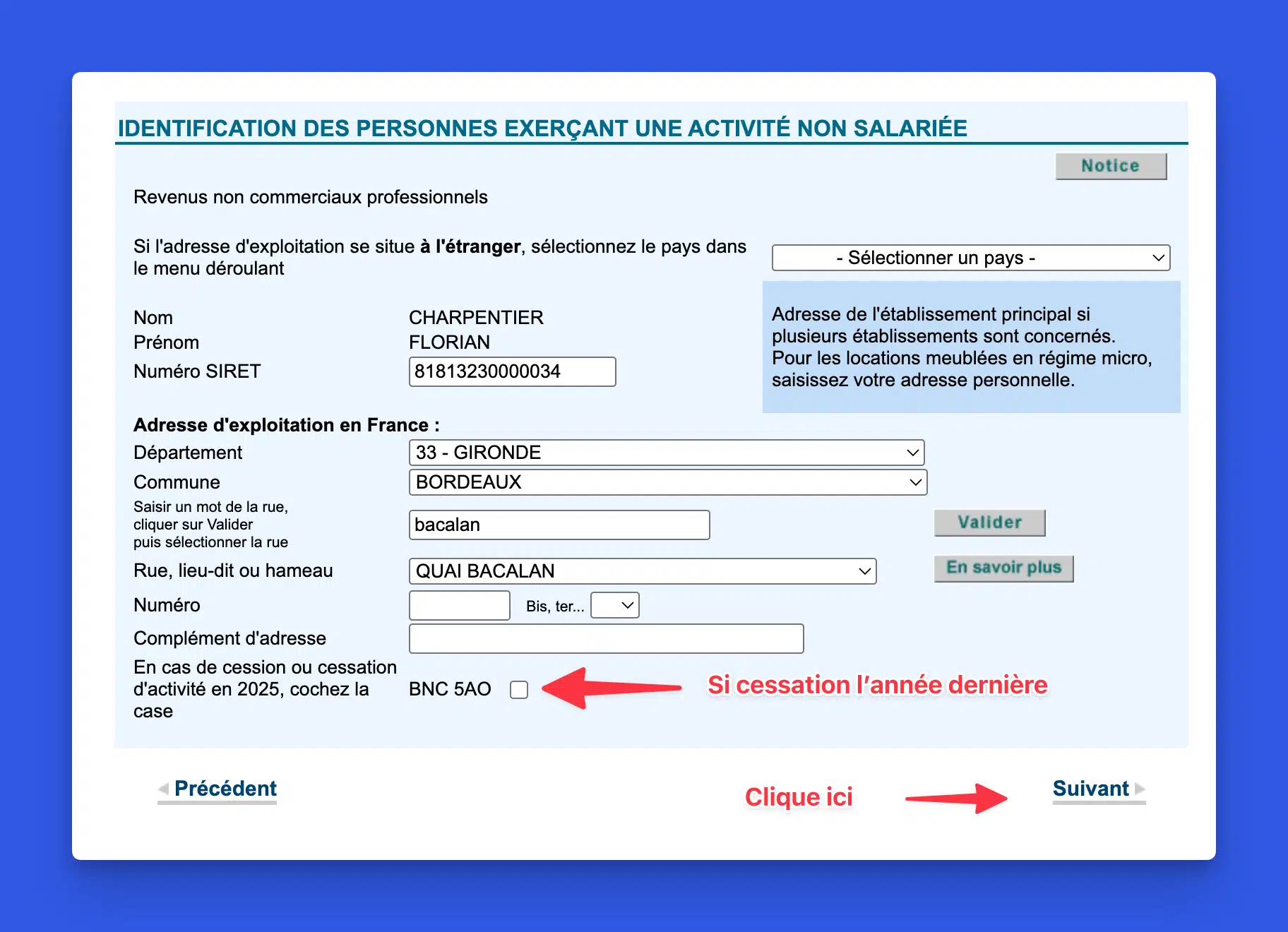 Exemple de page d'identification BNC remplie pour le déclarant 1 avec SIRET et adresse complétés sur impots.gouv.fr