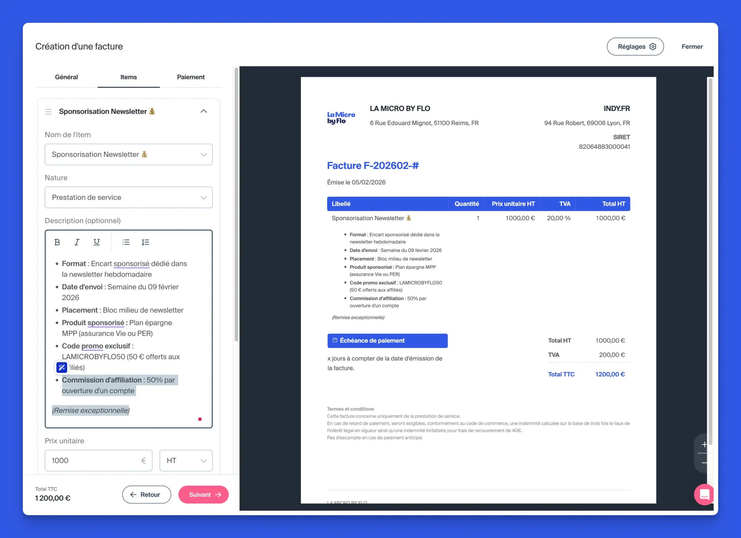 Interface création facture Indy avec formulaire saisie et aperçu temps réel mentions légales TVA automatique