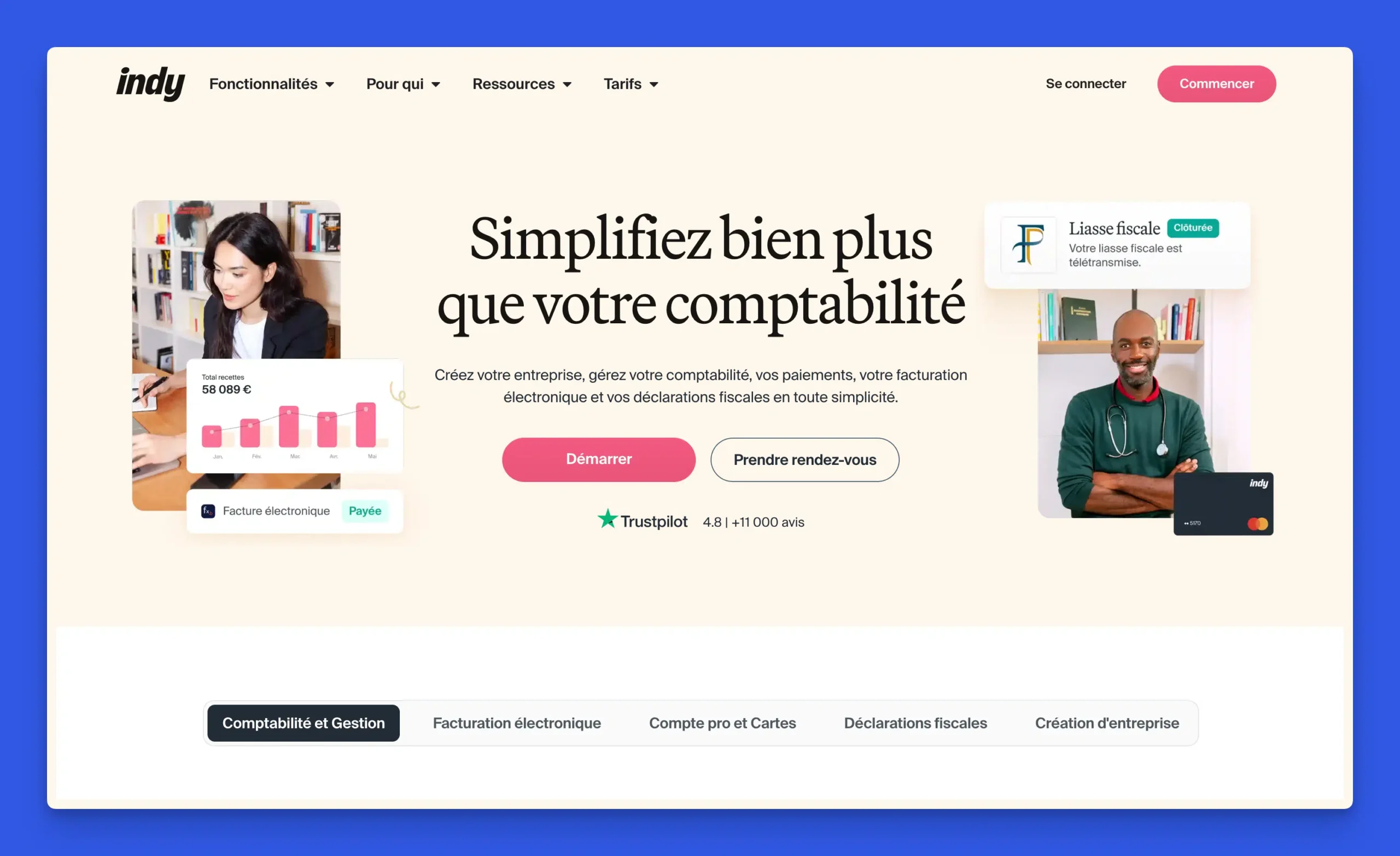 Page accueil Indy compte pro compta facturation déclarations fiscales note Trustpilot 4,8