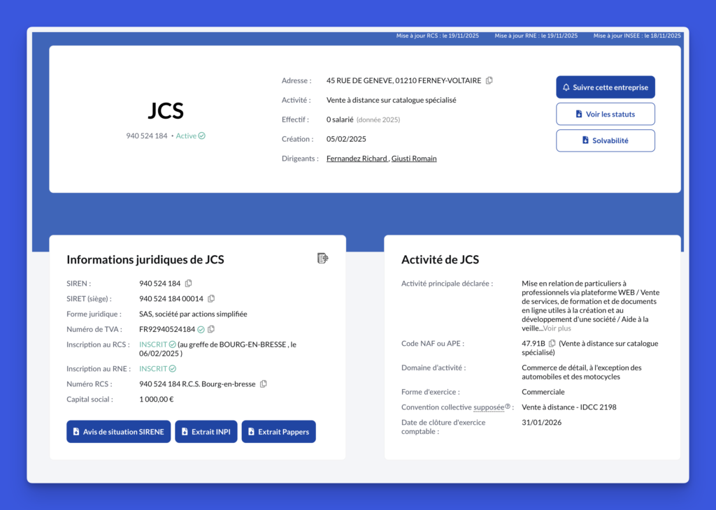 jcs societe informations juridiques Informations juridiques de JCS
