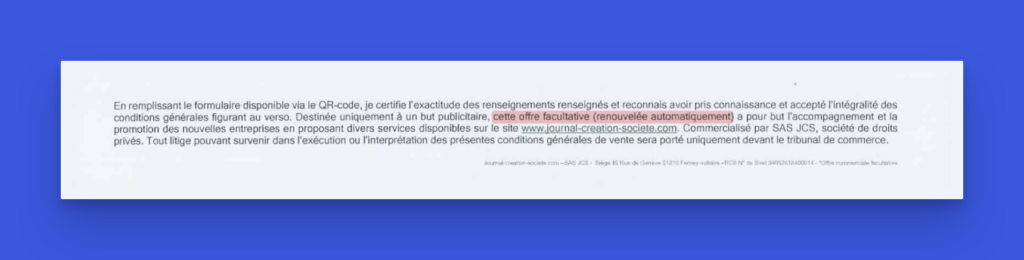 journal creation societes mentions offre facultative Conditions générales applicables automatiquement