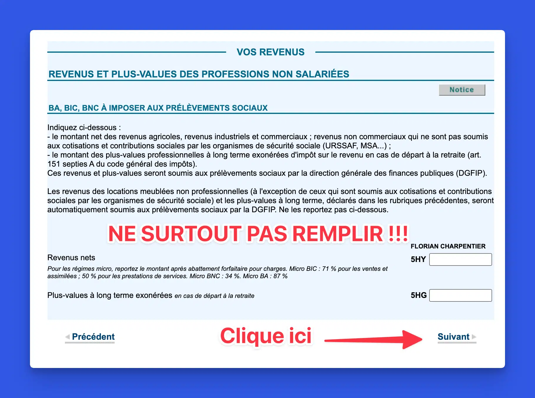 Section prélèvements sociaux du formulaire 2042-C-PRO avec les cases 5HY et 5HG que les micro-entrepreneurs ne doivent pas remplir