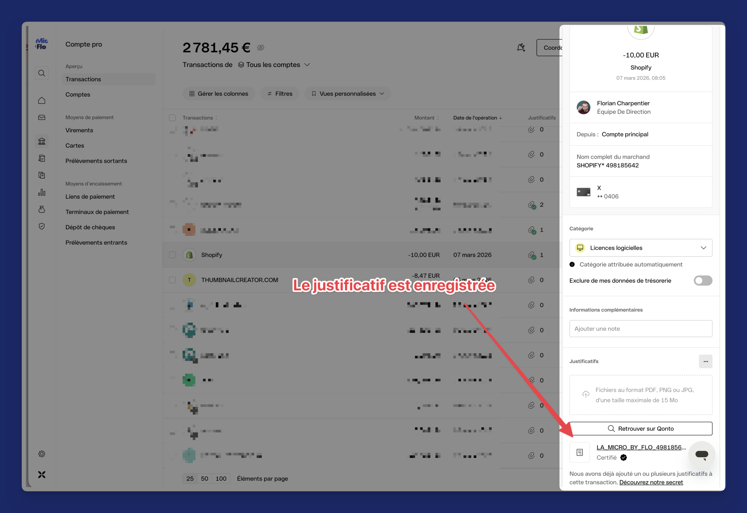 Justificatif enregistré pour transaction.