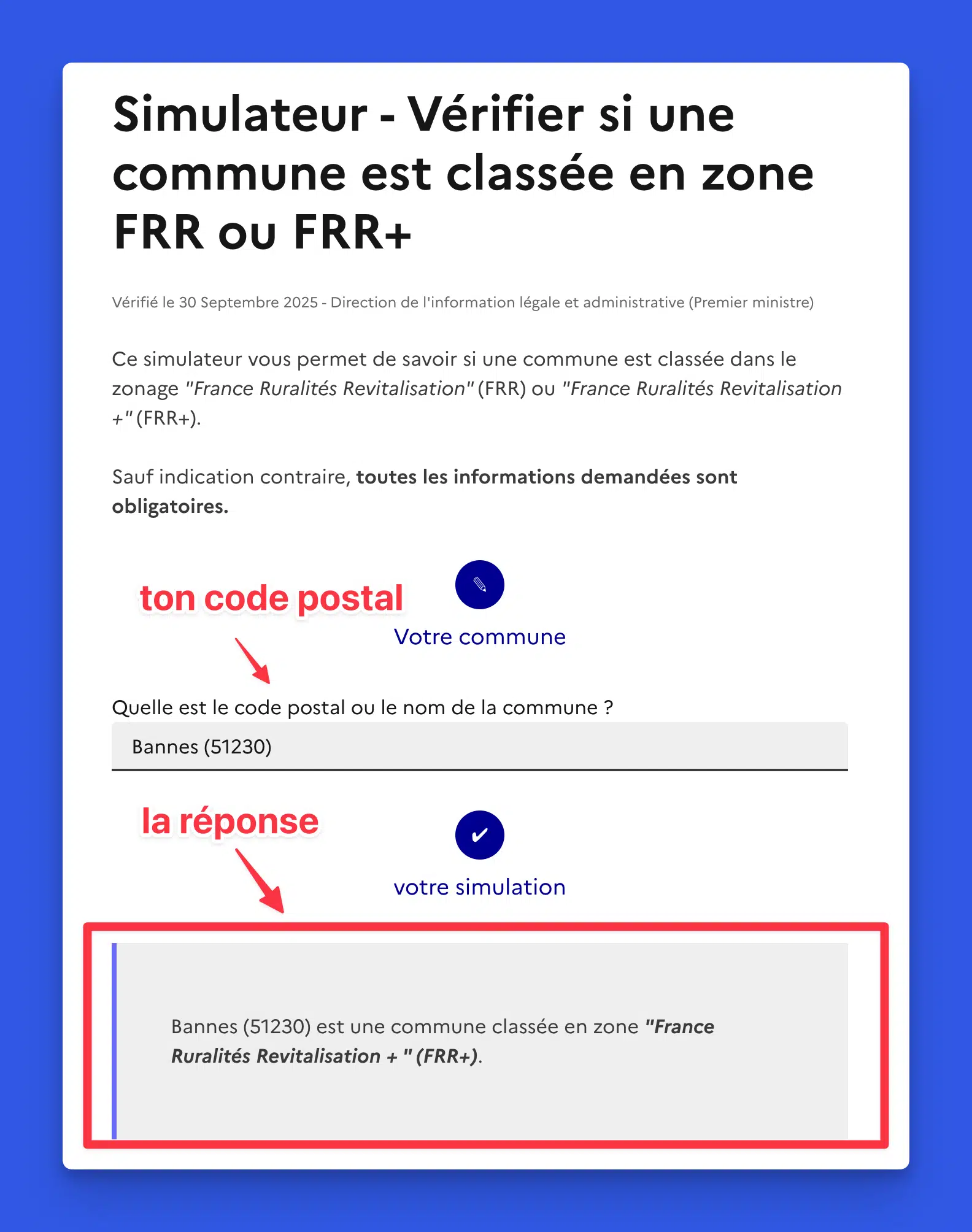 simulateur zones france ruralites acre 2026 Capture d'écran du simulateur officiel service-public.fr montrant que la commune de Bannes (51230) est classée en zone France Ruralités Revitalisation Plus (FRR+) et donc éligible à l'ACRE 2026