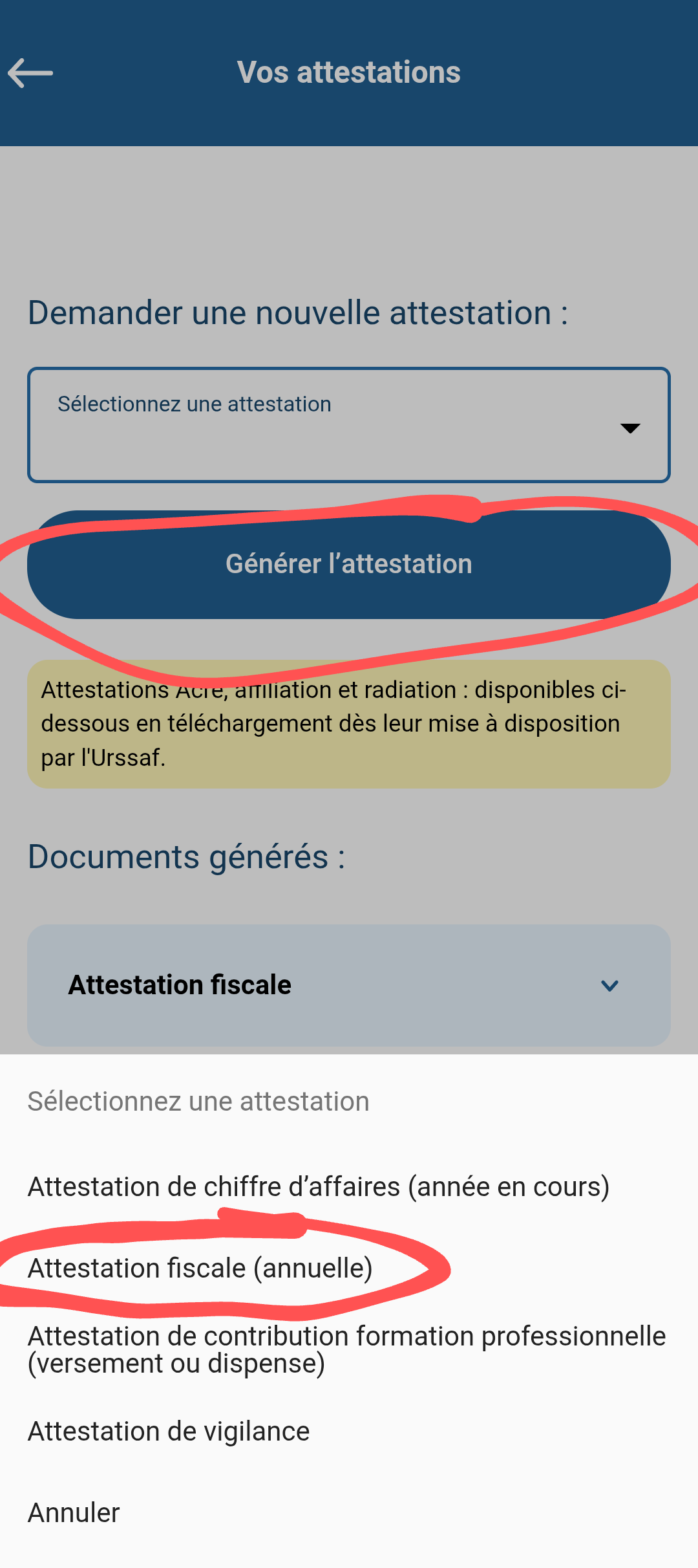 Attestation fiscale annuelle sélectionnée